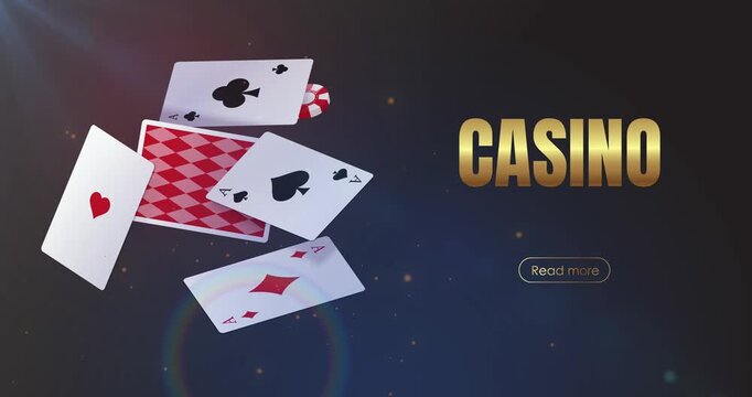 Online Casino landing page template. Moving banner with playing cards, poker chips, and gold text. Gambling, luck, and jackpot. Realistic 3D animated graphics