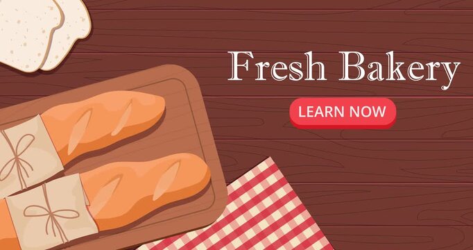 Fresh bakery landing page template. Moving banner with top view of table with fragrant hot bread, baguette and loaf at cutting board. Flat graphic animated cartoon