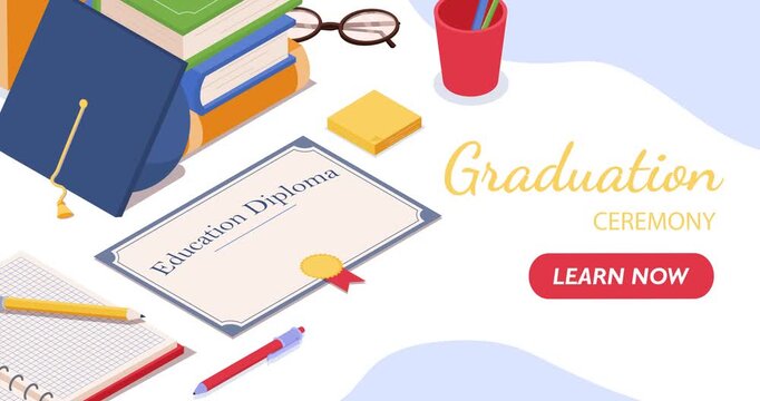 Graduation ceremony concept. Moving banner with diploma, stack of books and graduation cap. Certificate and document of education. Isometric 3D graphic animated cartoon