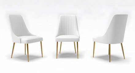 Fototapeta premium Three white chairs with gold legs arranged in a row on a plain white background for interior design inspiration