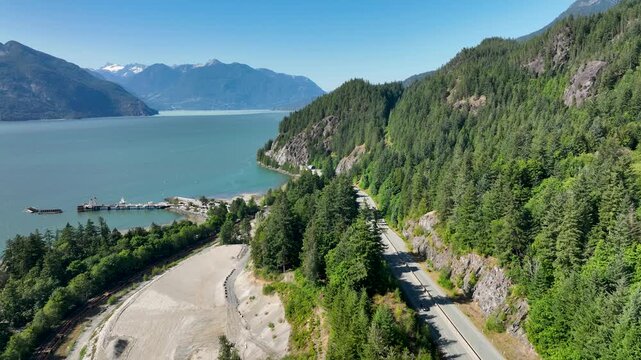 Rising Aerial Above Sea to Sky Highway and Howe Sound, British Columbia Canada