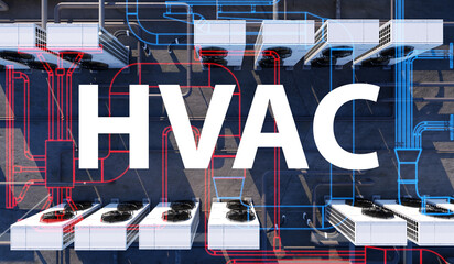 HVAC systems, Climate control. Industrial air conditioning units and ventilation piping network on...