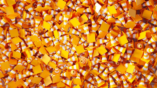 Road safety, Traffic management. Pile of orange cones and warning signs used for construction zones, lane control, hazard marking, and temporary traffic regulation.