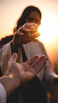 Close up of Jesus Christ showing nail wounds in hands to Doubting Thomas at sunset
