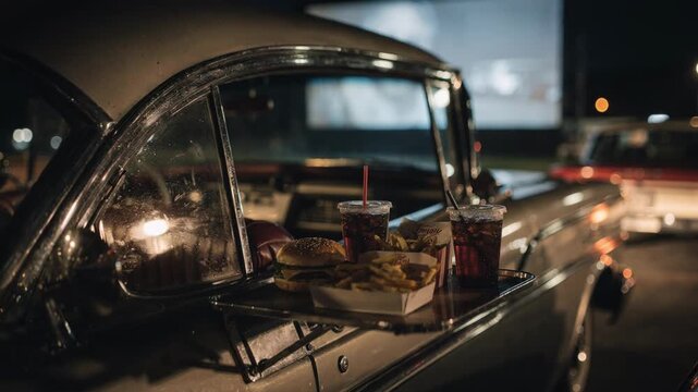 Focused shot of an elegant old cars window and tray table in use with the surrounding vintage vehicles and darkened drivein screen creating an atmospheric timeless cinema feel.