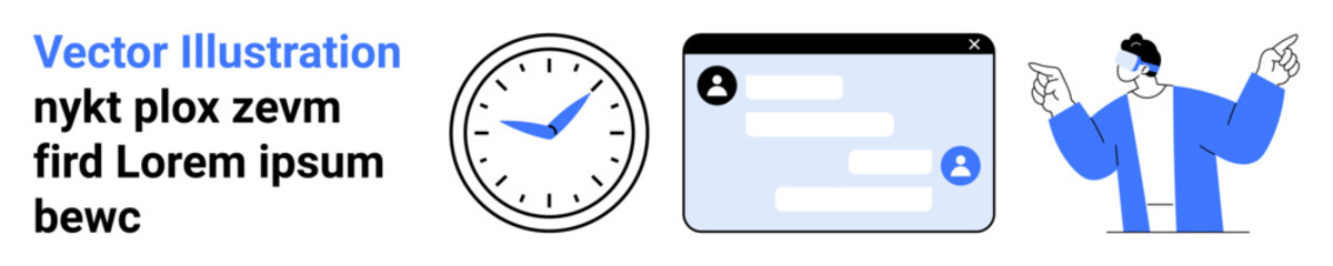 Obraz premium Time management, teamwork, digital workflow, project planning, online collaboration, effective communication. Clock, chat messages and a person engaging. Time management and teamwork