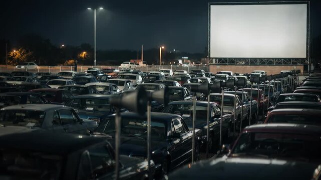 Crisp medium shot of fully occupied parking spots with classic speaker poles sharply in focus cars and distant lights fading gently into a smooth bokeh.