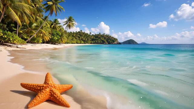 Orange starfish rests on sandy beach as gentle waves lap the shore, surrounded by palm trees and lush greenery under a bright blue sky with fluffy clouds