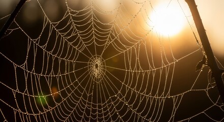 Obraz premium Intricate Spiderweb Illuminated by Golden Sunlight in the Early Morning Hours.