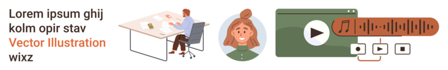 Digital projects, content creation, teamwork, audio editing, workspace design, productivity tools. Workspace setup with person icon and sound interface. Digital projects and content creation concept