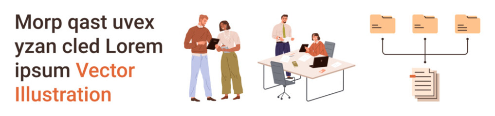 Obraz premium Teamwork, project management, file sharing, digital organization, office collaboration, productivity. Group of colleagues discussing work at a desk and an organized file flow. Teamwork and project