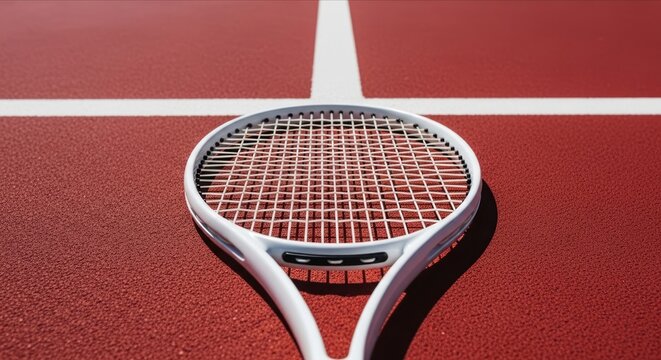 Tennis Racket on Red Court Surface with Bright Sunlight Reflection