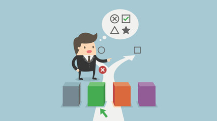 Businessman in Suit Standing at a Crossroads Choosing Between Multiple Options and Plans, Concept of Strategic Decision Making, Problem Solving with Four Different Paths and Backup Plan B.