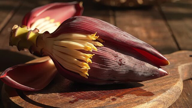 Exotic Banana Blossom Flower With Deep Red Petals And Yellow Stamens Resting On A Rustic Wooden Cutting Board In Warm Sunlight
