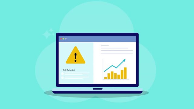 Animated flat vector illustration of an AI analytics dashboard on a laptop screen with warning alert interface and data charts, representing risk monitoring, system alerts, and digital analytics techn