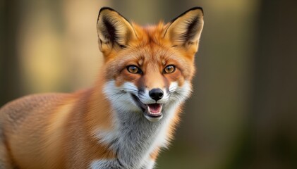 Obraz premium Majestic Red Fox Portrait: A vibrant portrait of a red fox, showcasing its keen gaze and striking reddish-orange coat, set against a blurred background.