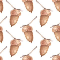 Watercolor seamless pattern with brown acorn on white background. Fetus by oak tree. Hand-drawn nature art for botanical book or sticker. Vegan food for cookbook. Plant for wallpaper or wrapping © NatashaKun