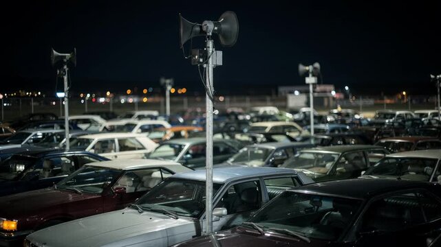 Crisp medium shot of fully occupied parking spots with classic speaker poles sharply in focus cars and distant lights fading gently into a smooth bokeh.