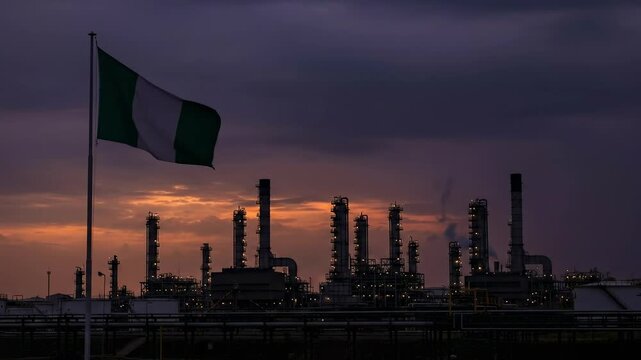 Nigerian flag waving in front of an oil refinery at sunset, industrial energy infrastructure.