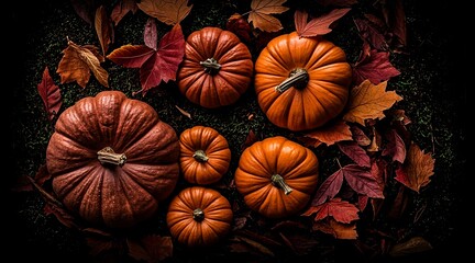 Fototapeta premium Assorted Pumpkins and Autumn Leaves on Dark Ground Viewed from Above