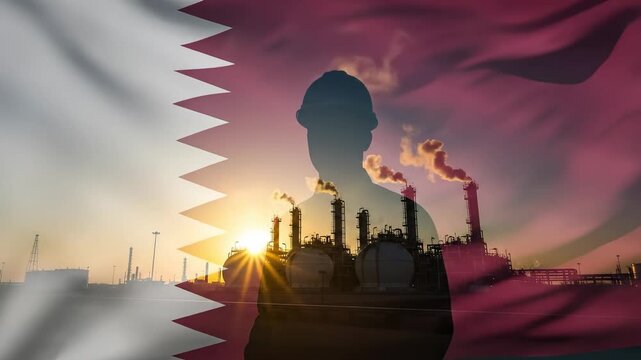 Male energy sector worker silhouette with Qatar flag and industrial refinery background at sunset