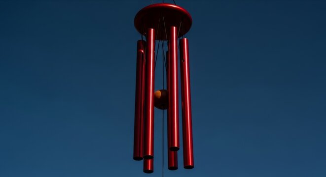 Bright Red Wind Chime Hanging Against Deep Blue Sky in Daylight