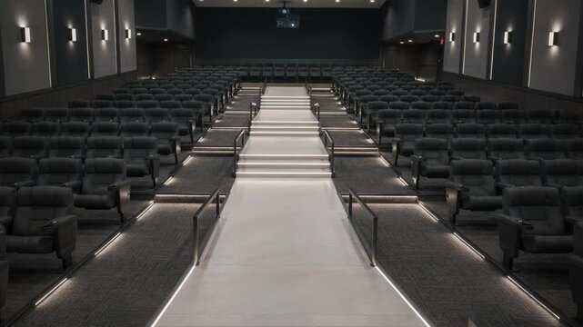 Empty theater shot emphasizing wide aisles and accessibility paths between rows of standard seats main object sharp with blurred surrounding seats.
