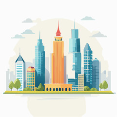 Naklejka premium Modern Cityscape Illustration of Tall Skyscrapers and Buildings in a Vibrant Urban Environment