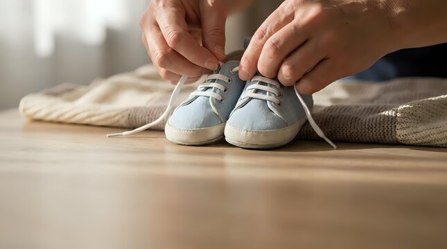 Person tying shoelaces on light blue canvas sneakers while sitting on wooden floor in bright morning sunlight for active lifestyle preparation.