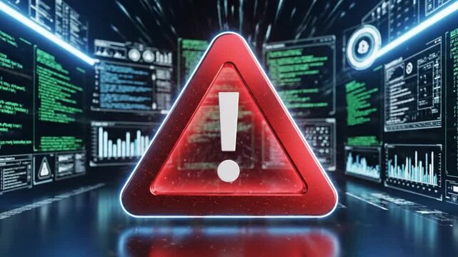 Illuminated digital warning triangle with exclamation mark signifying imminent system error or cyber security breach footage