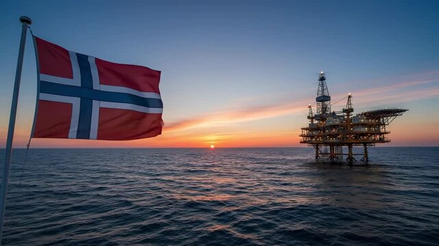 Norwegian Offshore Oil Rig at Sunset, Energy Production in North Sea, Petroleum Industry Concept