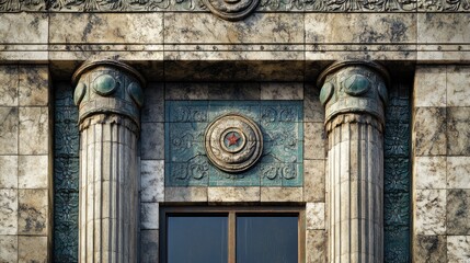 Fototapeta premium Soviet-Era Architectural Detail: Columns, Tiles, and a Star Emblem