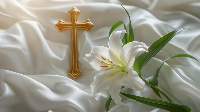 Minimalist golden cross and blooming pure white lily on soft silk fabric for Easter Sunday celebration poster and baptism ceremony background.