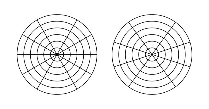 Polar grid of 12 segments and 5 concentric circles, 10 segments and 5 concentric circles. Black blank of graph paper with 12 segments and 5 concentric circles and 10 segments and 5 concentric circles.