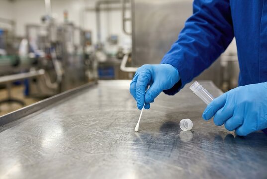Quality control inspector in blue gloves taking a swab sample from a stainless steel surface
