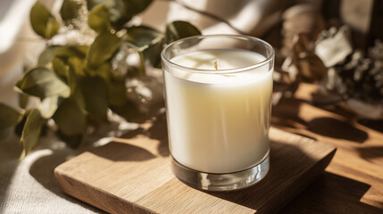Elegant Unlit Scented Candle on Wooden Board with Soft Natural Greenery