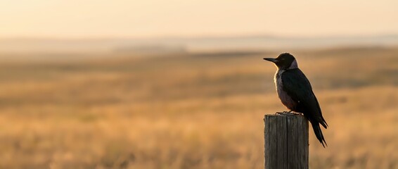 Fototapeta premium Black bird perched on wooden fence post in golden prairie landscape at sunset with warm light and blurred grassland background for nature photography.