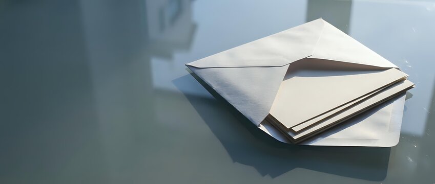 Stack of white envelopes on glass surface with soft lighting for business correspondence and mailing needs.