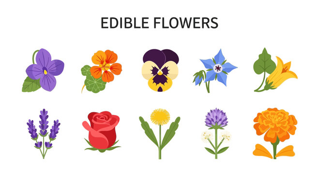 Ten illustrations of various edible flowers arranged in two rows