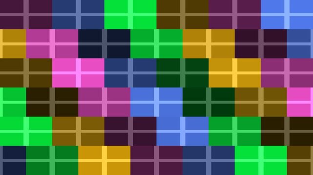 Vibrant multicolored pixelated mosaic pattern with squares and rectangles in shades of pink, green, blue, purple, brown, and yellow, creating a dynamic abstract design