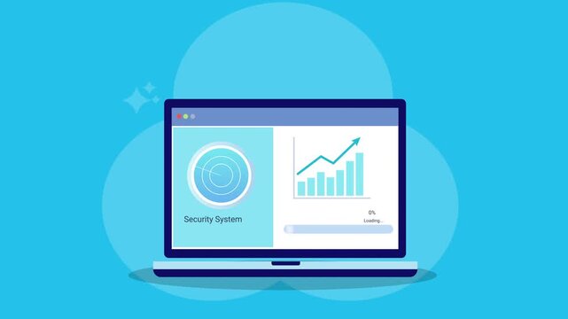 Animated flat vector illustration of an AI analytics dashboard on a laptop screen with radar monitoring interface and data charts, representing system tracking and digital analytics technology.