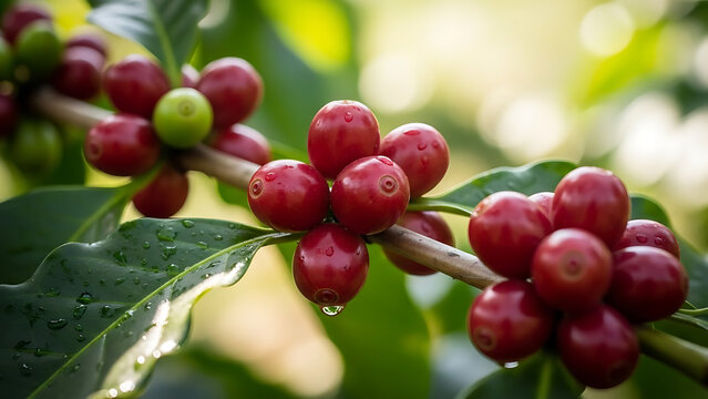 Vibrant red coffee cherries ripening on the branch, adorned with glistening water droplets, signifying a fresh harvest in a lush plantation setting