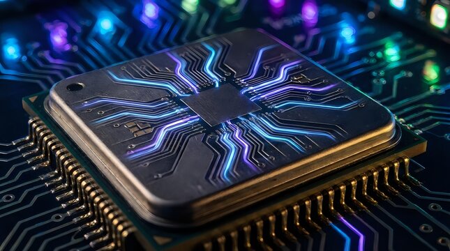 Modern microprocessor chip with glowing circuit patterns and colorful LED lights on dark circuit board background for technology and computing concepts.