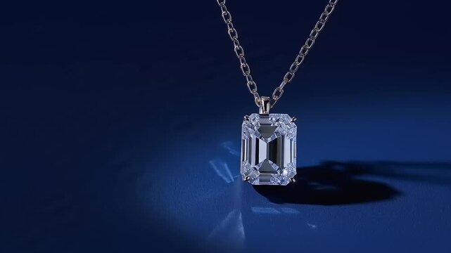 A luxurious diamond pendant suspended from a silver chain glistens on a reflective surface against a dark blue gradient background in a close-up high-definition photograph