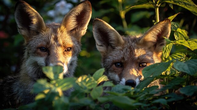 nitroglycerin. Two foxes peeking through dense foliage with playful expressions in golden light. wildlife magazines, conservation campaigns, designed for wildlife conservation campaigns.