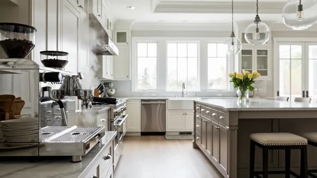 Luxurious modern kitchen interior with island and coffee station