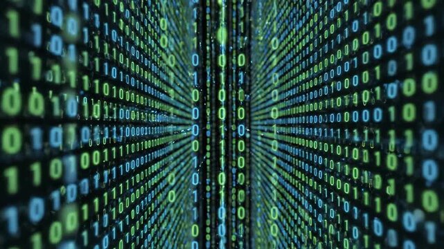 Abstract digital stream of binary code flowing through a futuristic tunnel with glowing green and blue numbers representing data transfer and technology concepts.