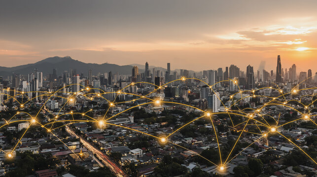 Smart digital Innovation city with connection network reciprocity over the city of future smart wireless digital city and social media networking systems that connects people with in city 