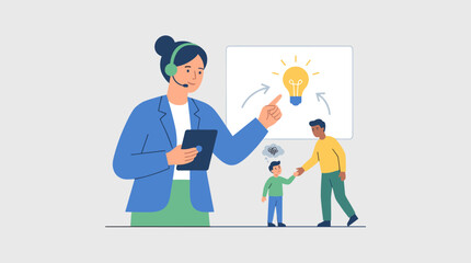 Professional Female Coach with Headset and Tablet Guiding a Man and a Confused Child Toward a Solution, Mentoring and Tutoring Concept for Mental Support, Education, and Personal Growth Vector.