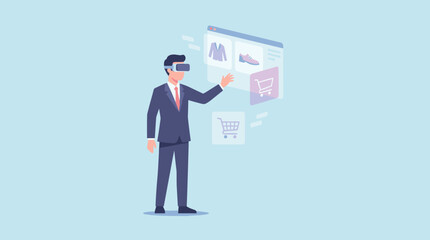 Businessman Wearing VR Headset for Virtual Reality Online Shopping Experience, Flat Vector Illustration of Futuristic E-commerce Concept with Digital Interface, Shopping Carts and Metaverse Retail